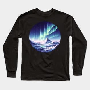 Low Poly Winter Mountains with the Northern Lights Long Sleeve T-Shirt